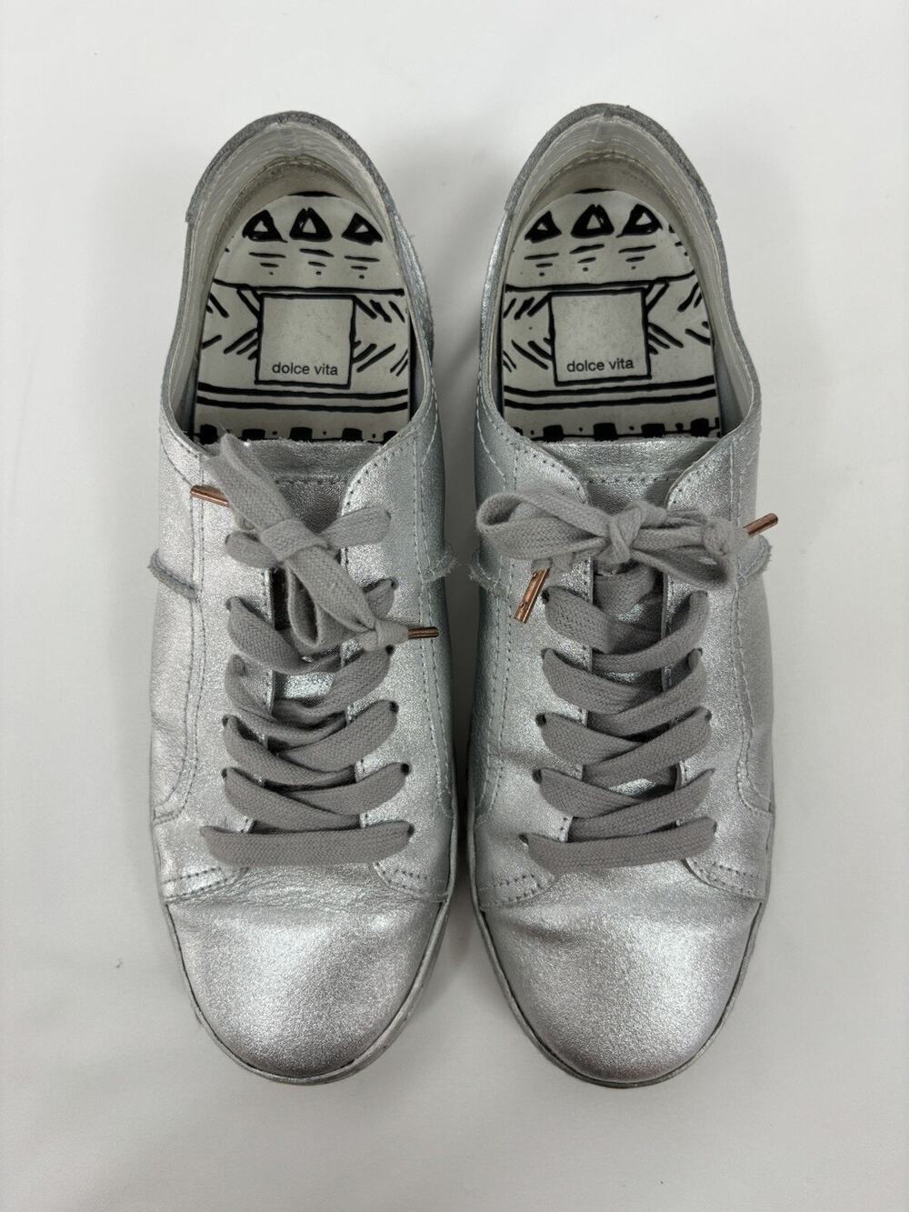 Dolce Vita Zalen Silver Metallic Leather Sneakers 8.5 Thick Insole Low Top